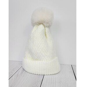 Knitted Beanie Hat With Faux Fur Pom Pom